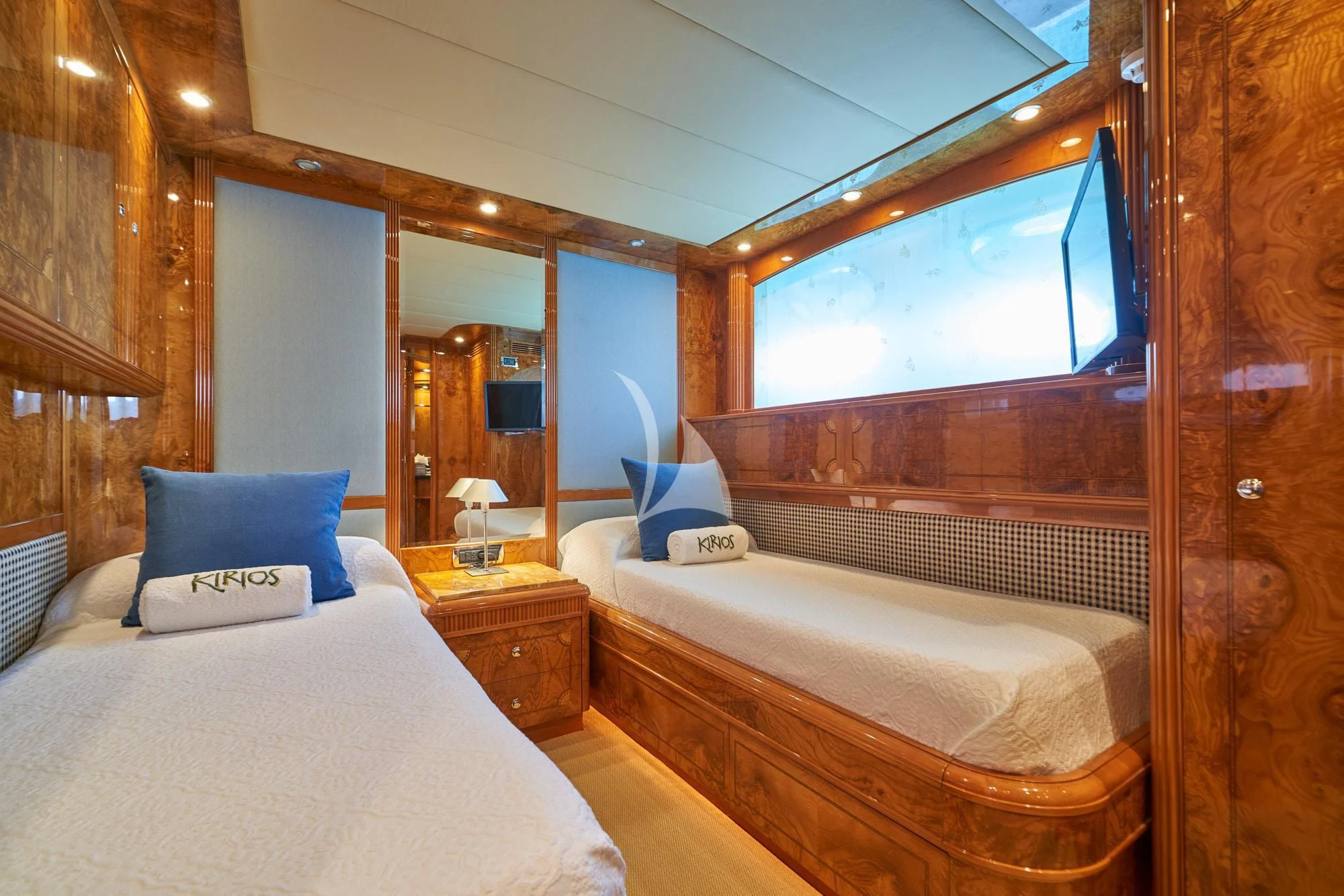 a room with two beds aboard KIRIOS Yacht for Sale