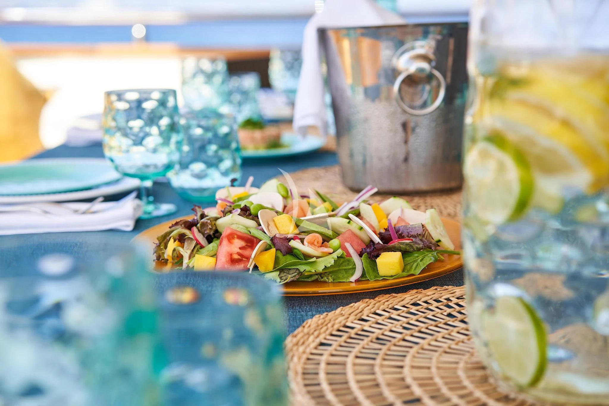 a table with food on it aboard KIRIOS Yacht for Sale