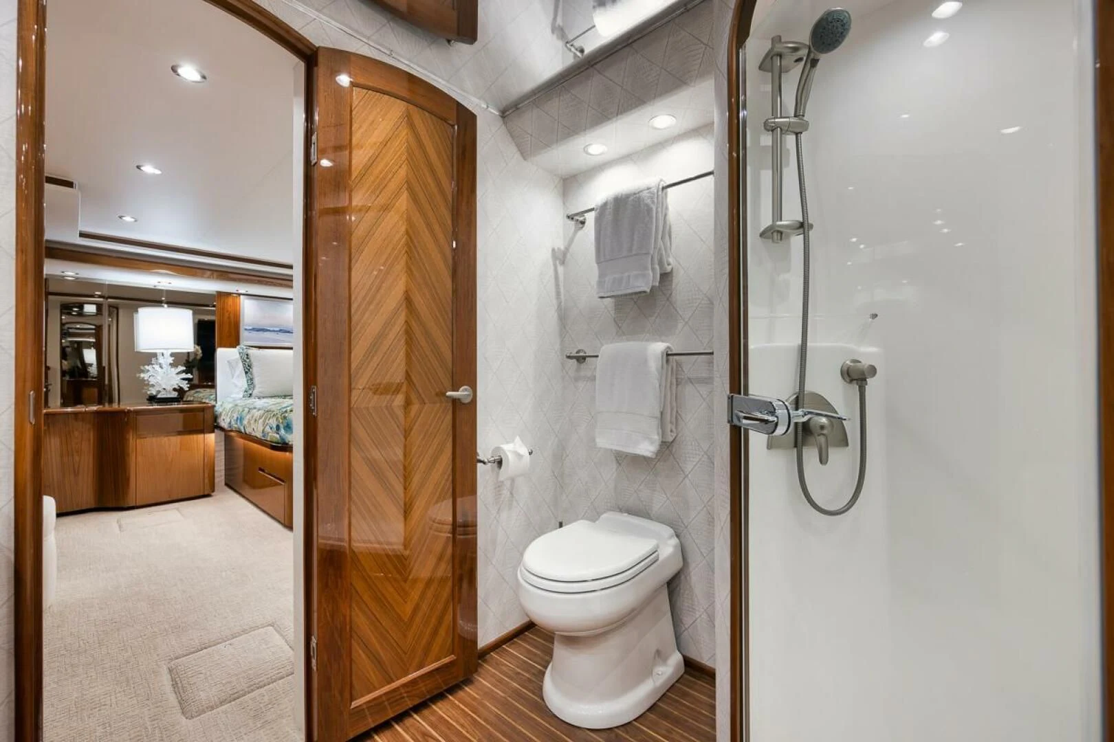 a bathroom with a standup shower aboard DOC Z Yacht for Sale