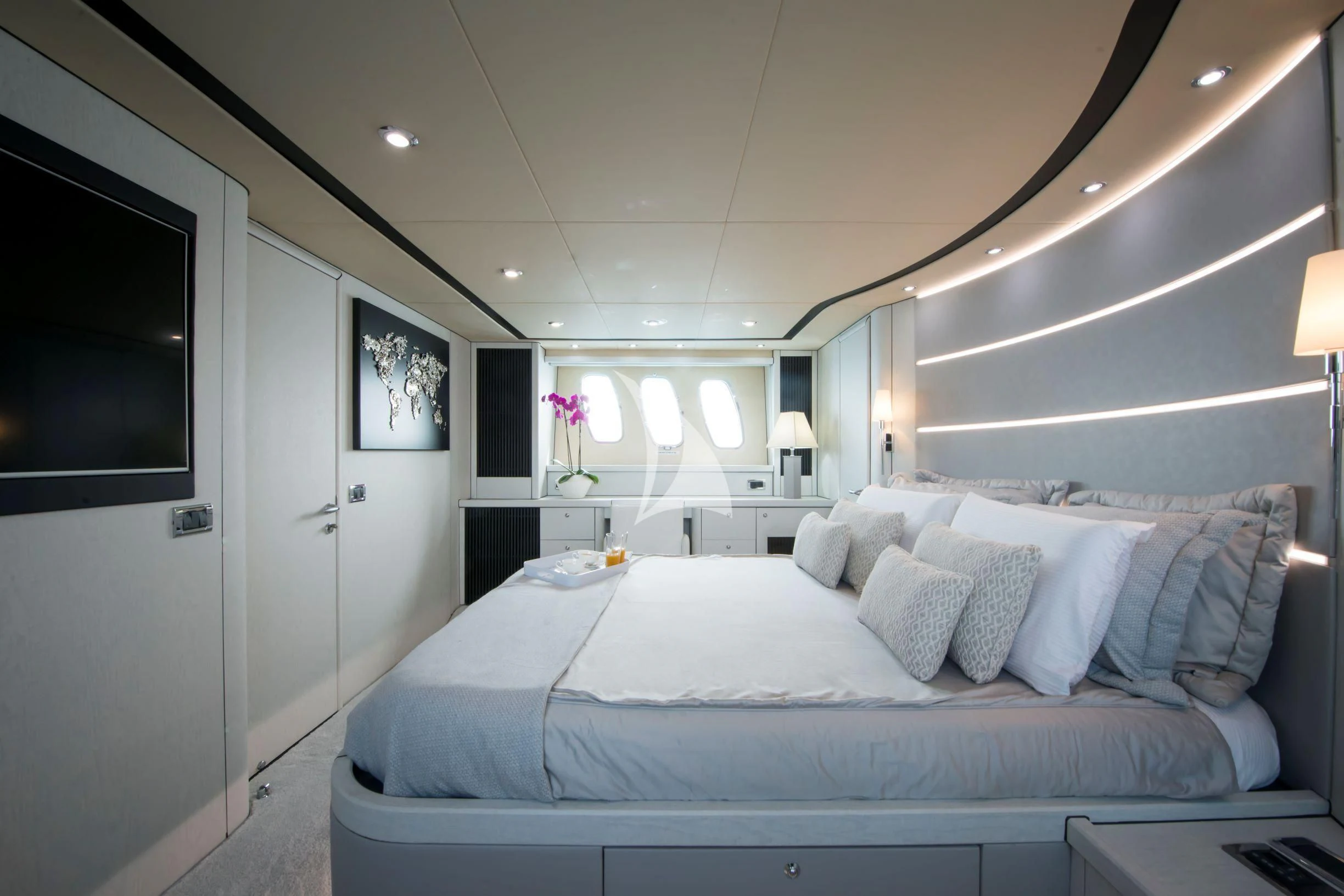 a bed in a room aboard LIGHT BLUE Yacht for Sale