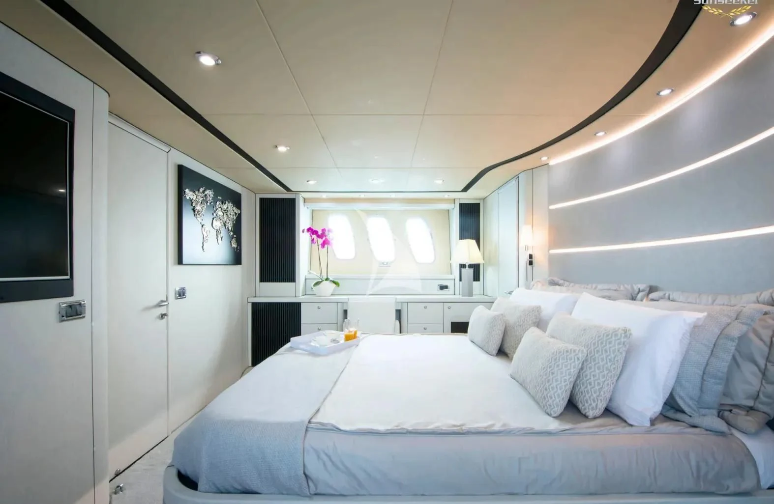 a bed in a room aboard LIGHT BLUE Yacht for Sale