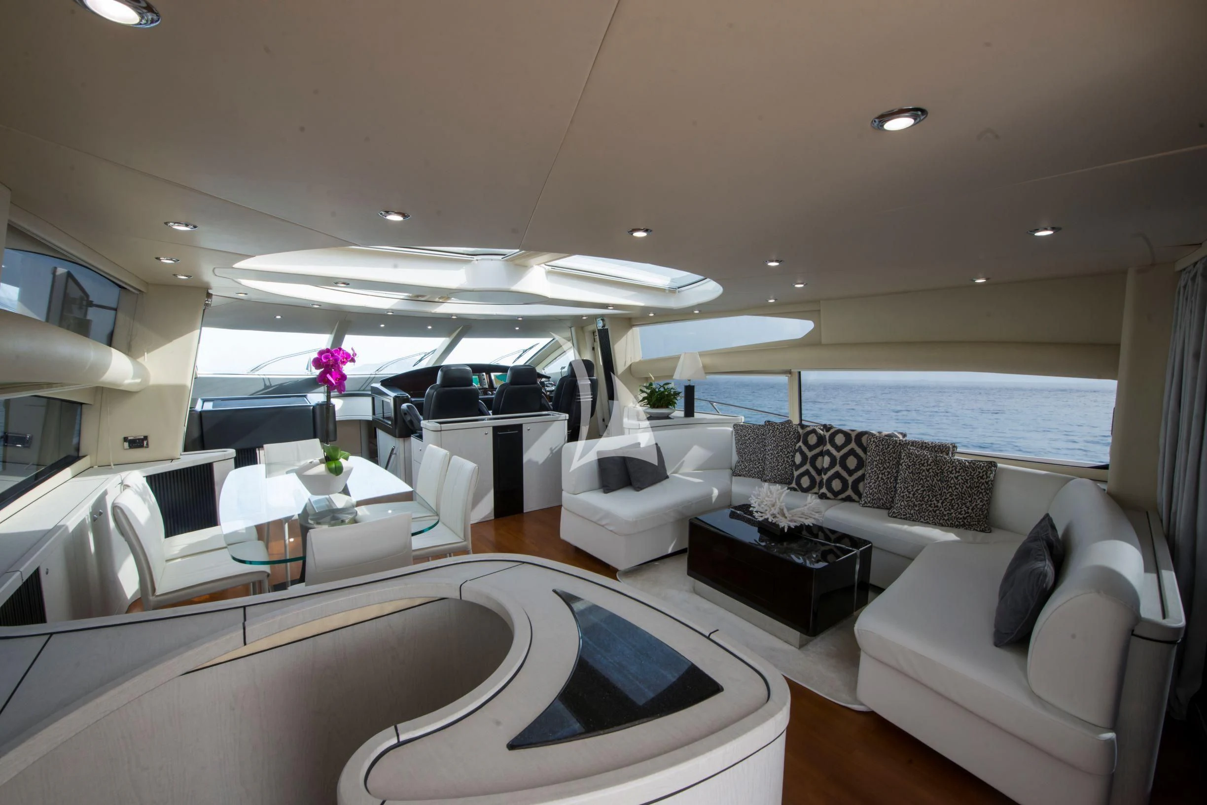 a modern looking living room aboard LIGHT BLUE Yacht for Sale
