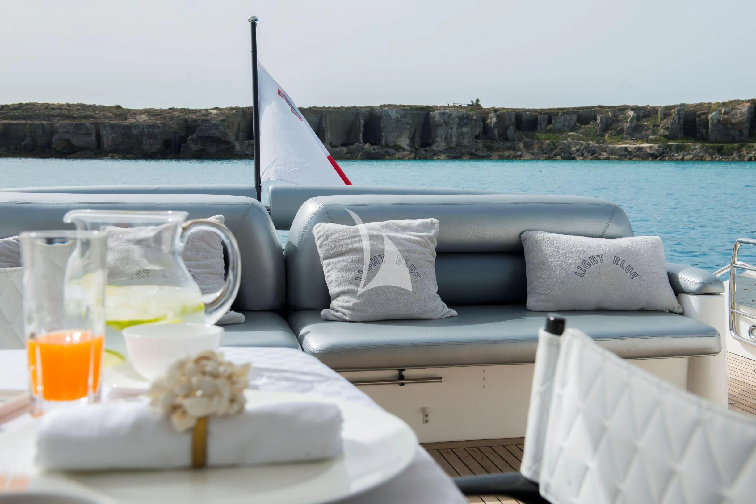 a boat with drinks on it aboard LIGHT BLUE Yacht for Sale