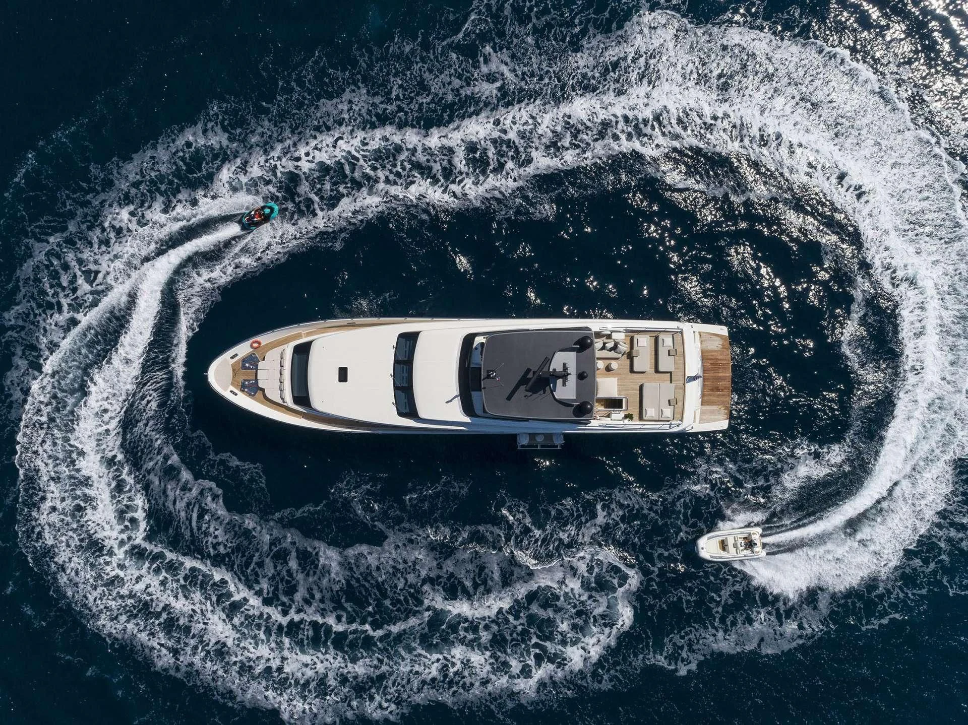 a high angle view of a ship in the ocean aboard DINAIA Yacht for Charter