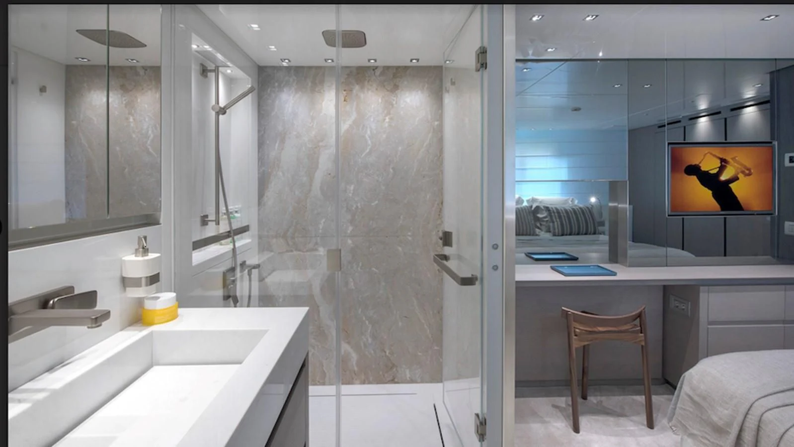 a bathroom with a sink and a bathtub aboard DINAIA Yacht for Charter