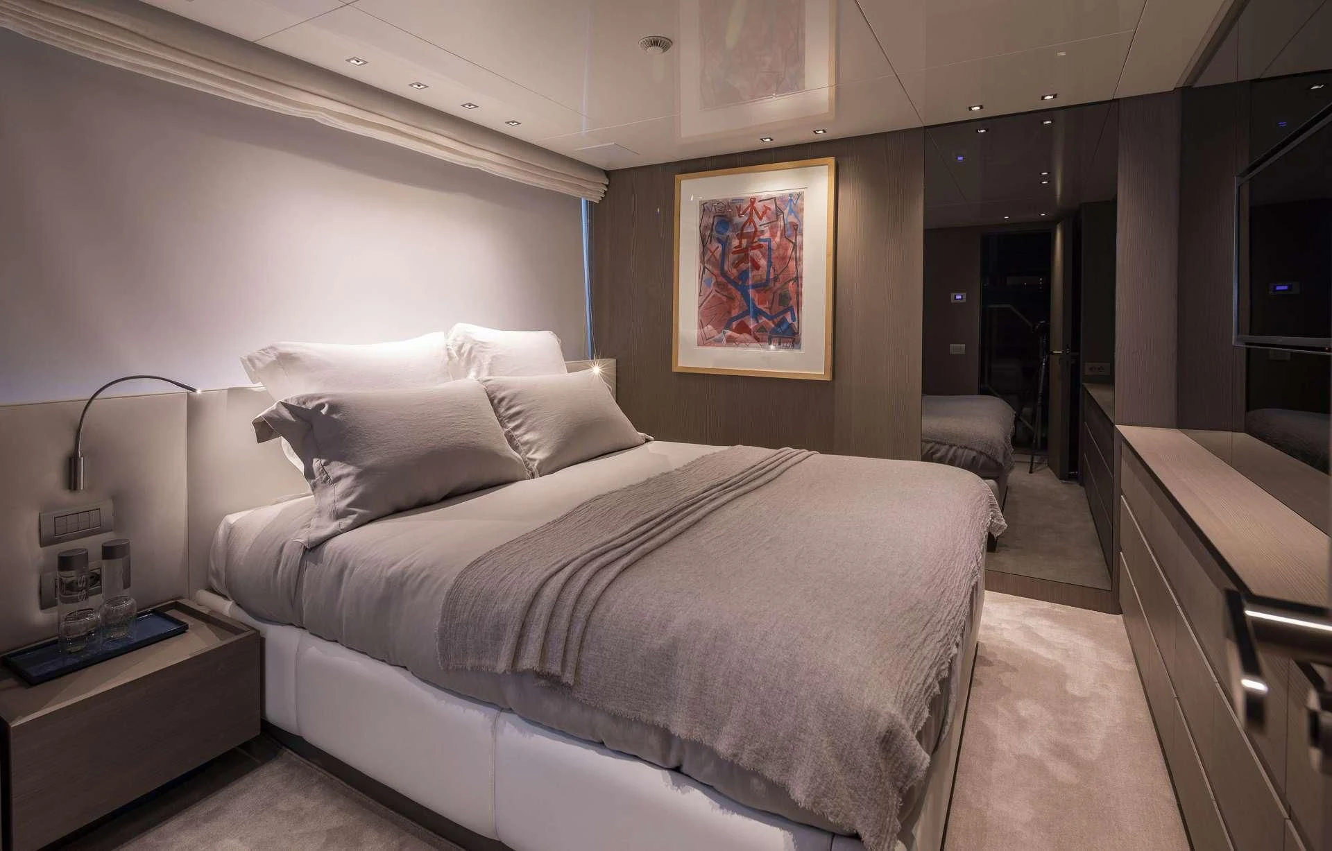 a bed in a room aboard DINAIA Yacht for Charter