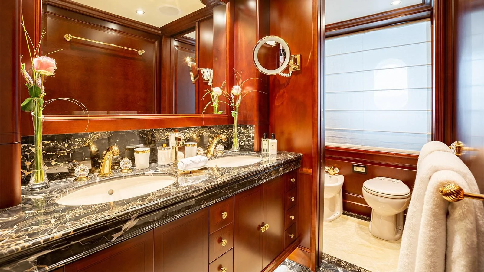 a bathroom with a large countertop aboard INCAL Yacht for Sale