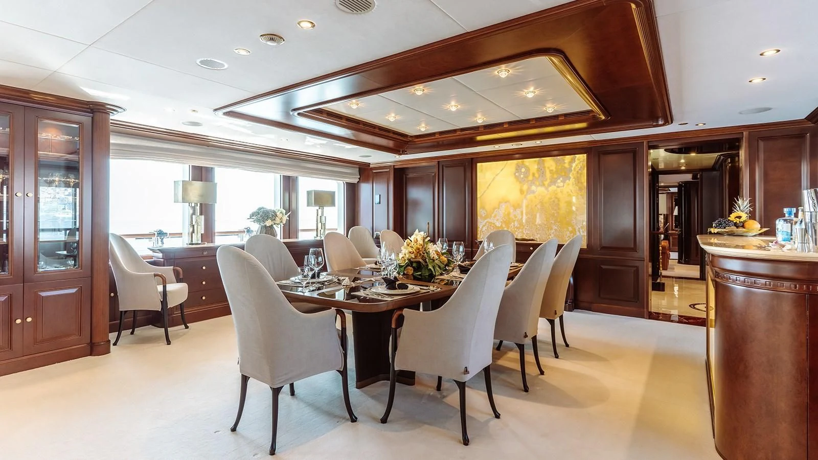 a large kitchen and dining room aboard INCAL Yacht for Sale