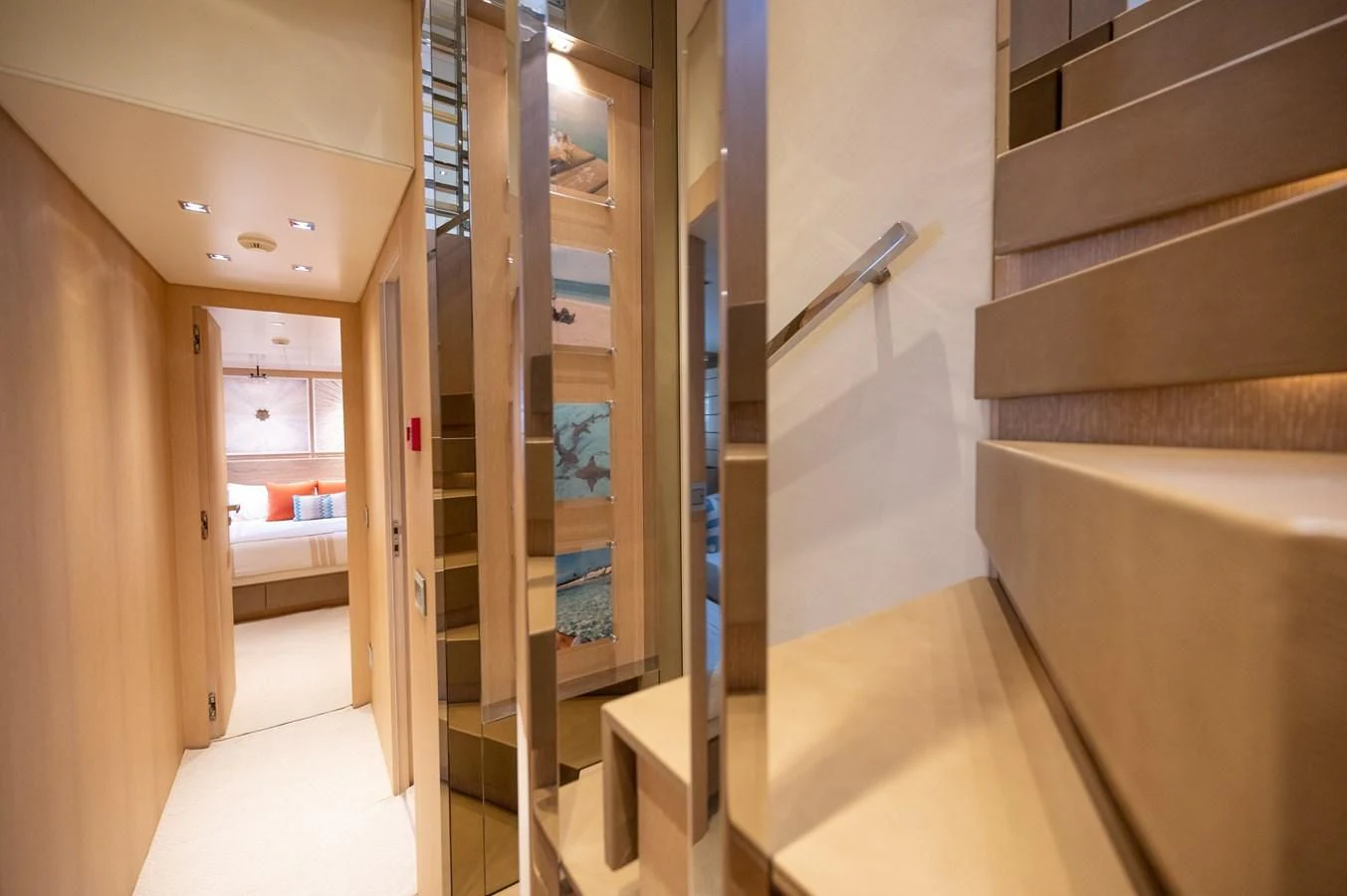 a hallway with a glass door aboard ASTONISH Yacht for Sale