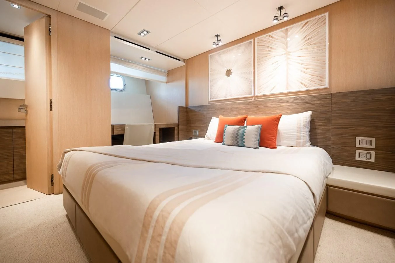 a bed in a room aboard ASTONISH Yacht for Sale