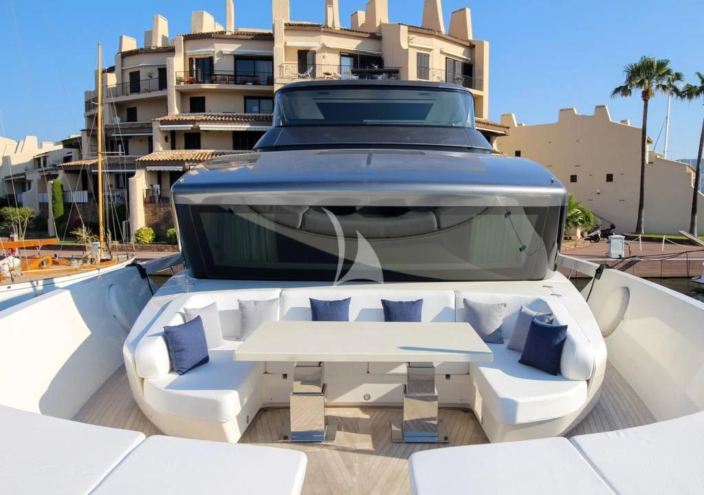 a white boat with a white roof aboard BELLE DE NUIT Yacht for Sale