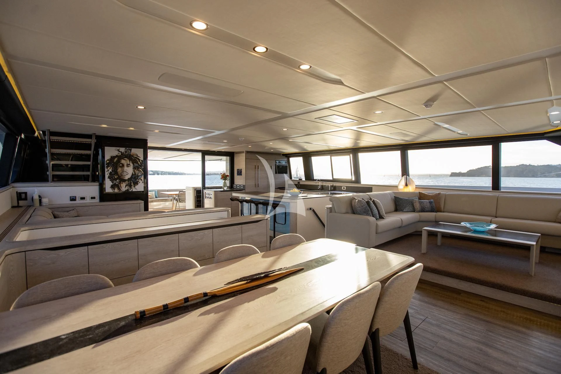 a large open living room with a large open window aboard RUA MOANA Yacht for Sale