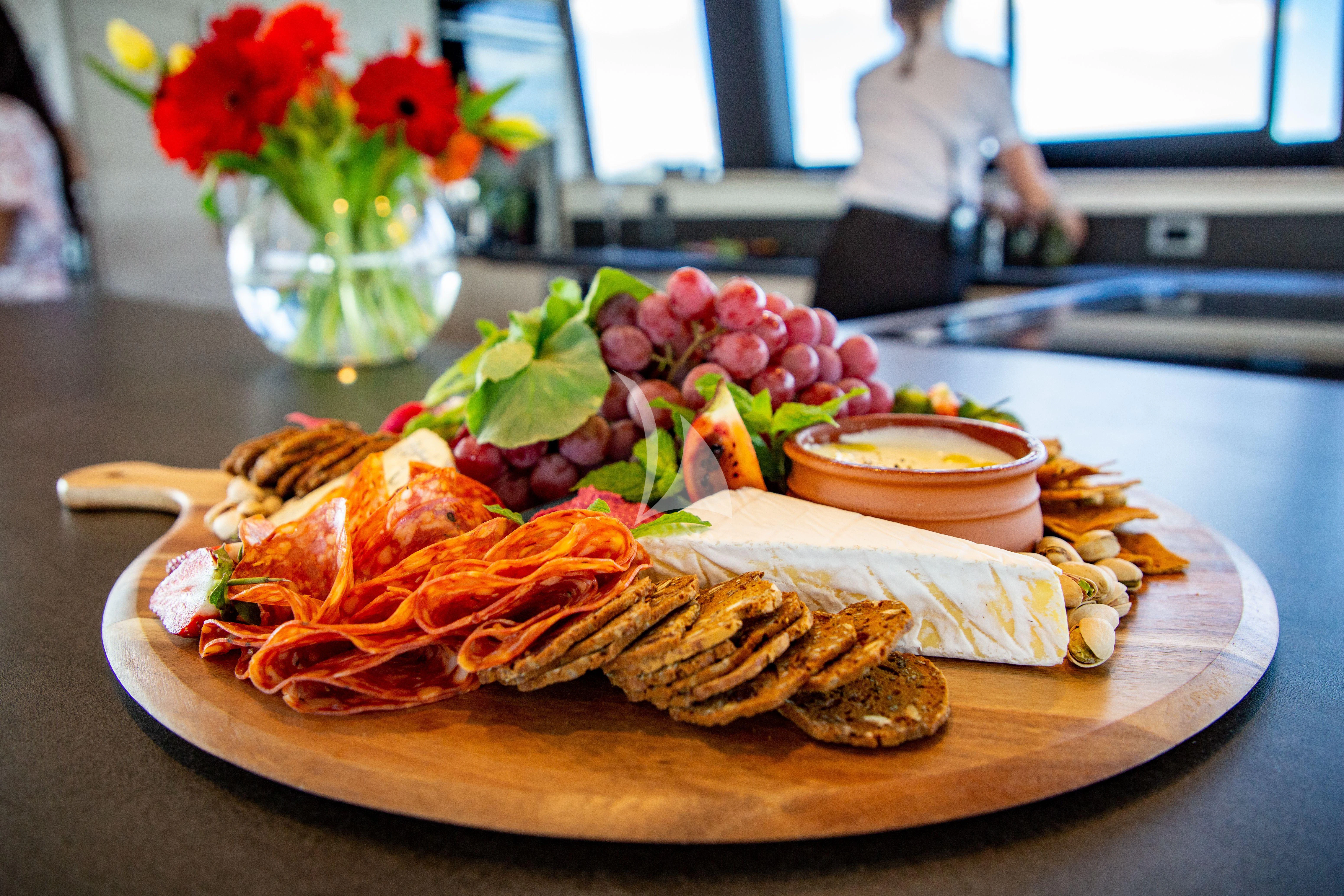 a plate of food aboard RUA MOANA Yacht for Sale