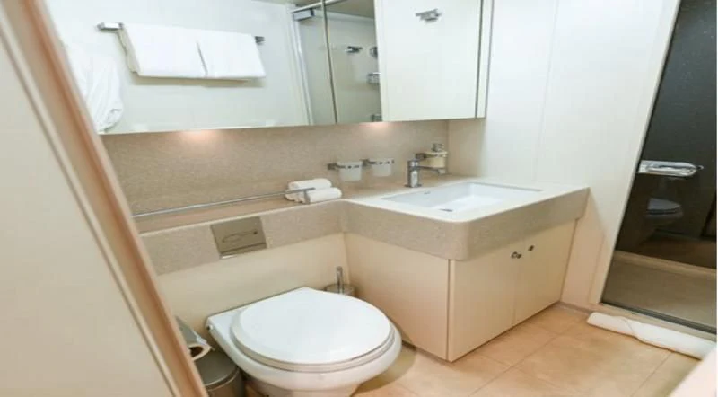 a bathroom with a sink and toilet aboard PURSUIT Yacht for Sale