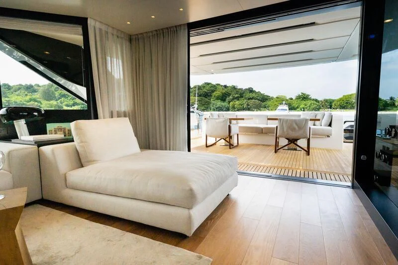 a living room with a large window aboard DA MOON Yacht for Sale