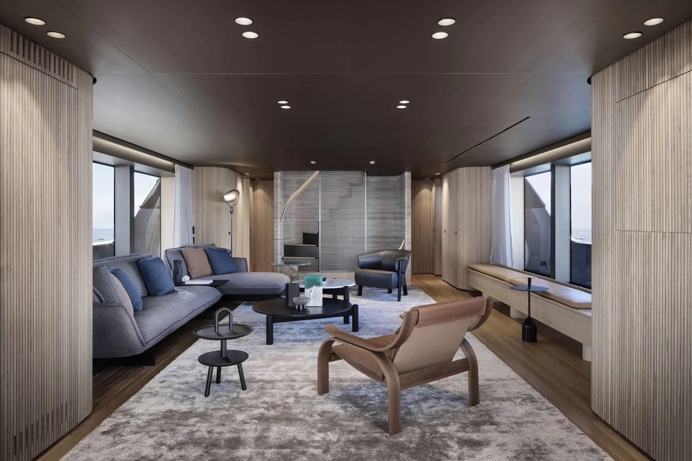 a living room with a large window aboard DA MOON Yacht for Sale
