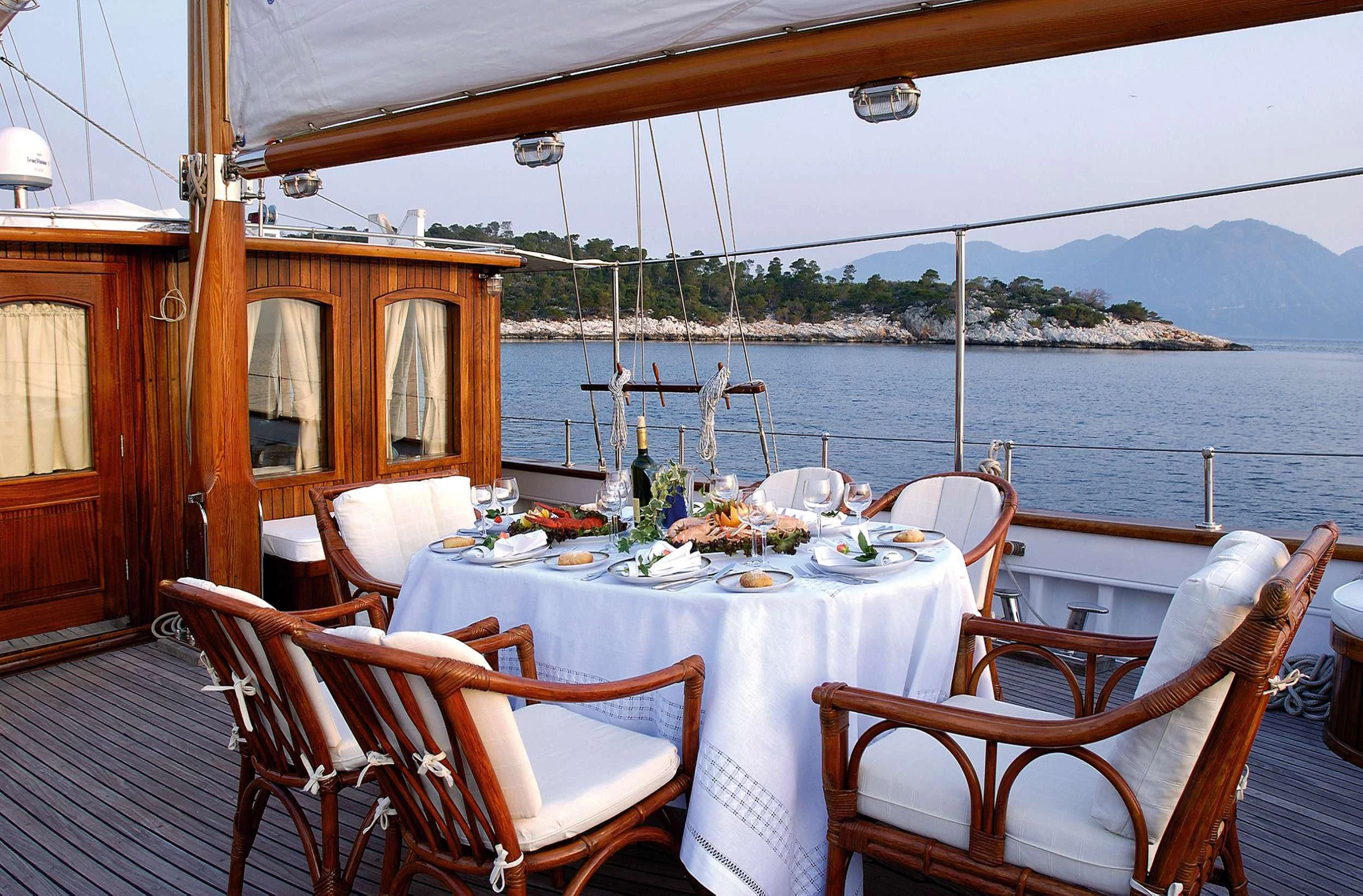 a table set for a meal on a boat aboard LIANA H Yacht for Charter