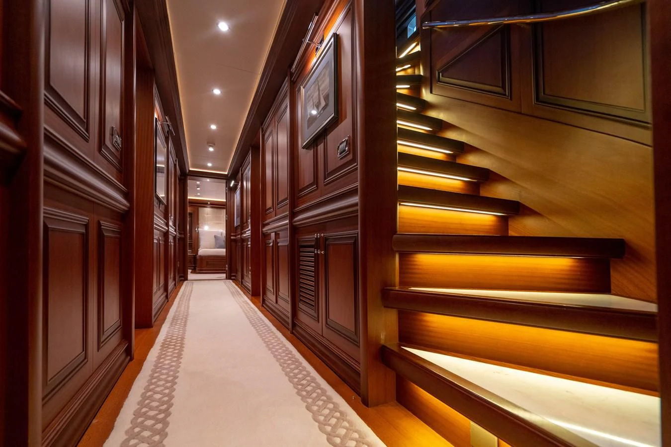 a hallway with several doors aboard OMNIA 1 Yacht for Sale