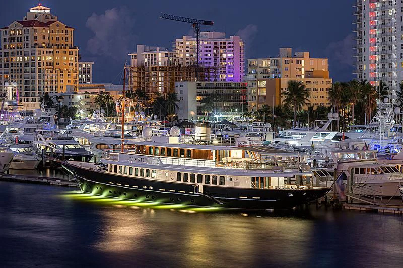 a boat in a harbor aboard OMNIA 1 Yacht for Sale