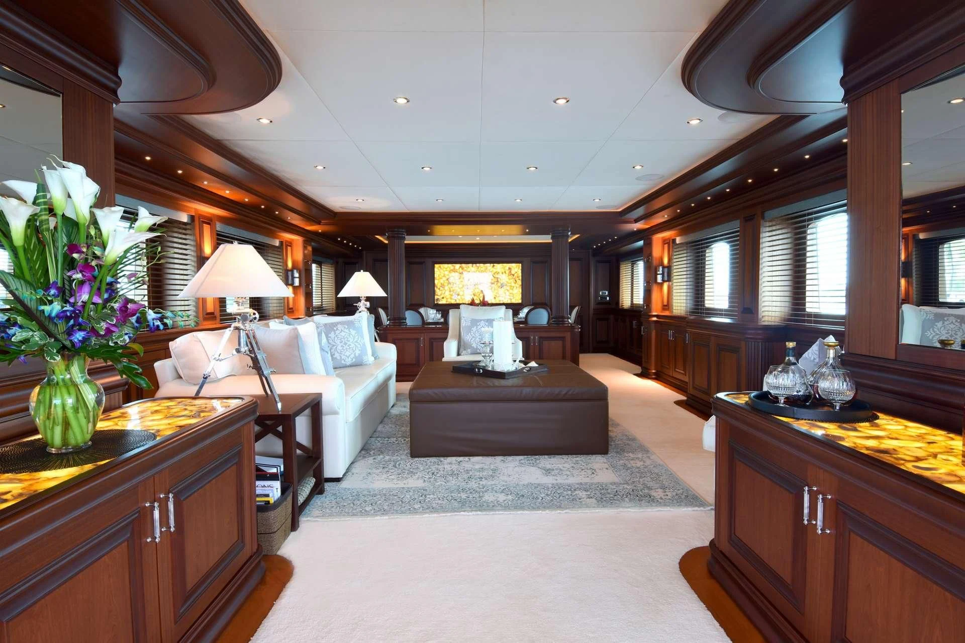 a living room with a large open floor plan aboard OMNIA 1 Yacht for Sale