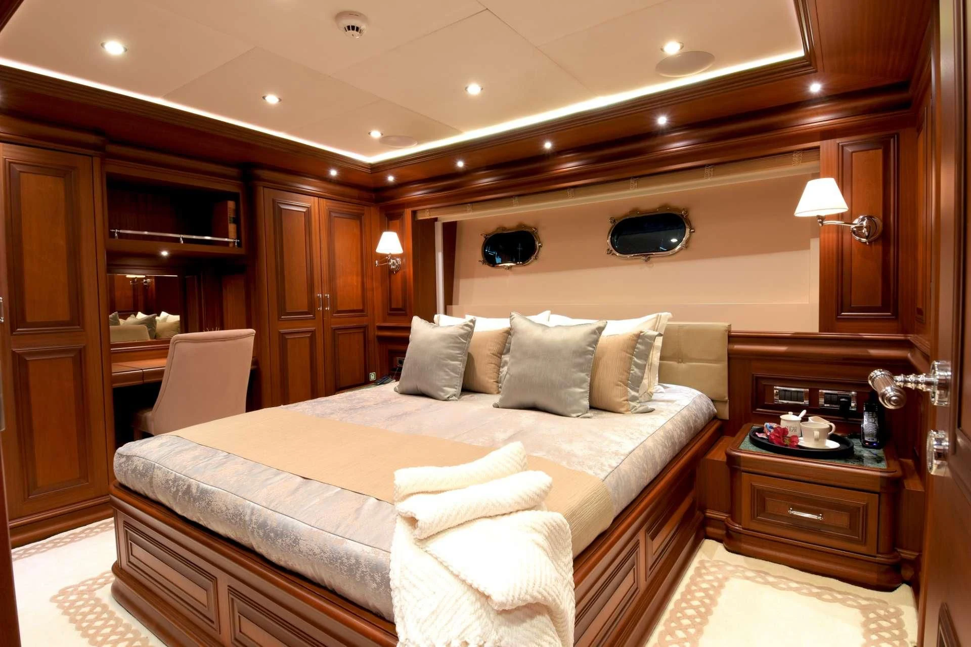 a bed in a room aboard OMNIA 1 Yacht for Sale