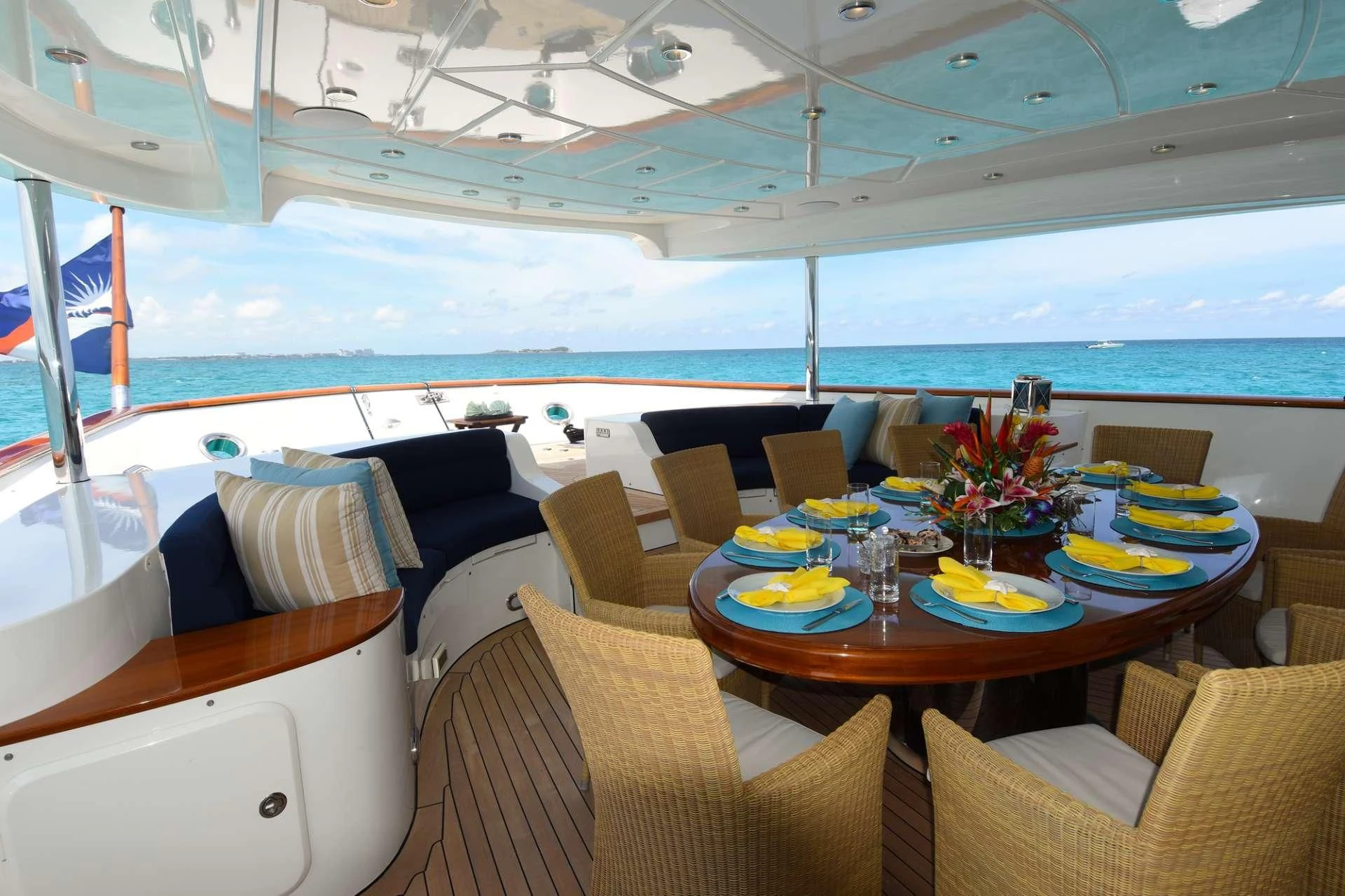 a dining table on a boat aboard OMNIA 1 Yacht for Sale