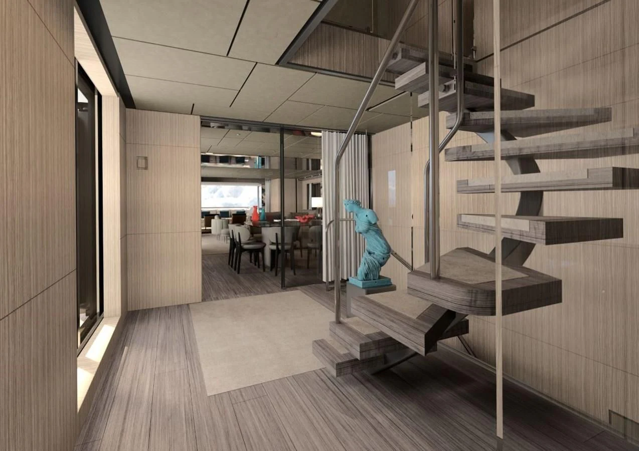 a room with a set of stairs aboard HORIZON Yacht for Sale