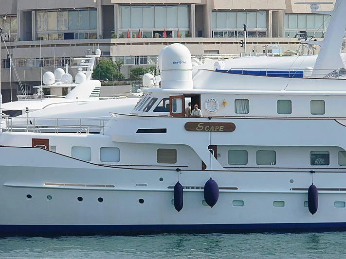 a white and blue boat aboard MESERRET II Yacht for Sale