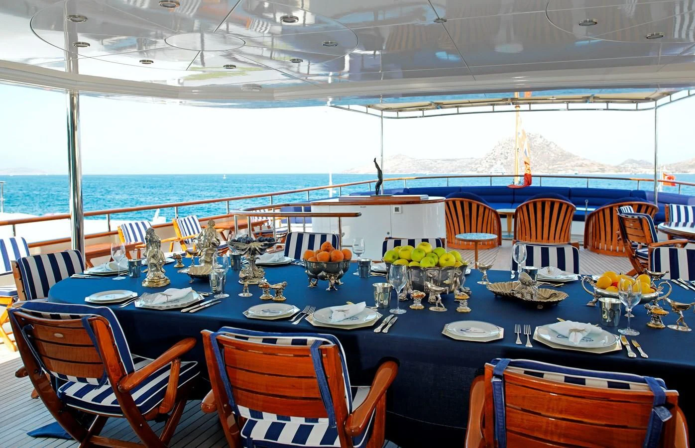 a table set for a dinner party aboard MESERRET II Yacht for Sale