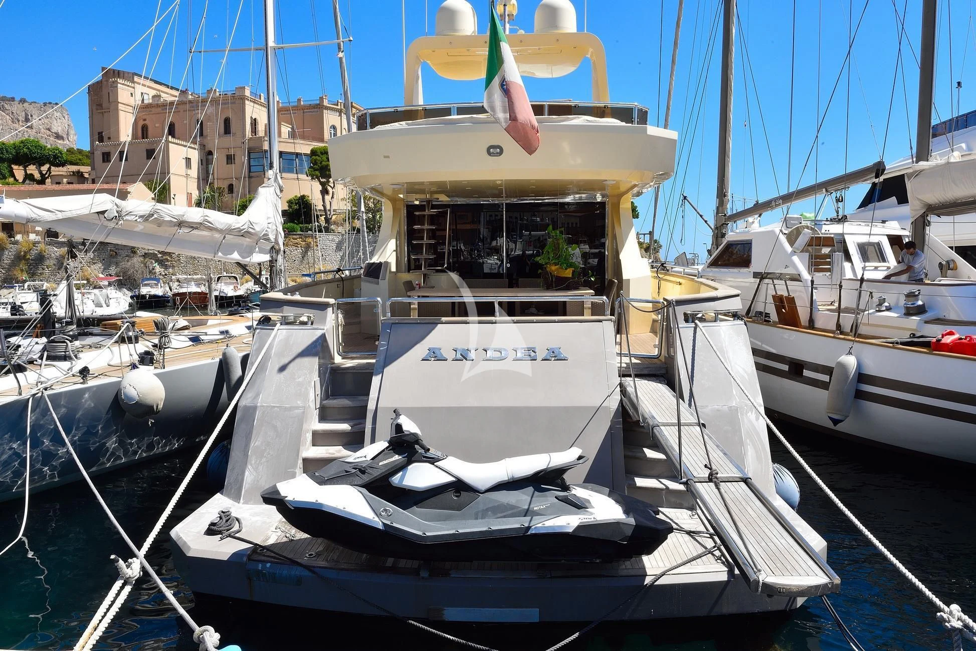 a boat docked in a harbor aboard ANDEA Yacht for Sale