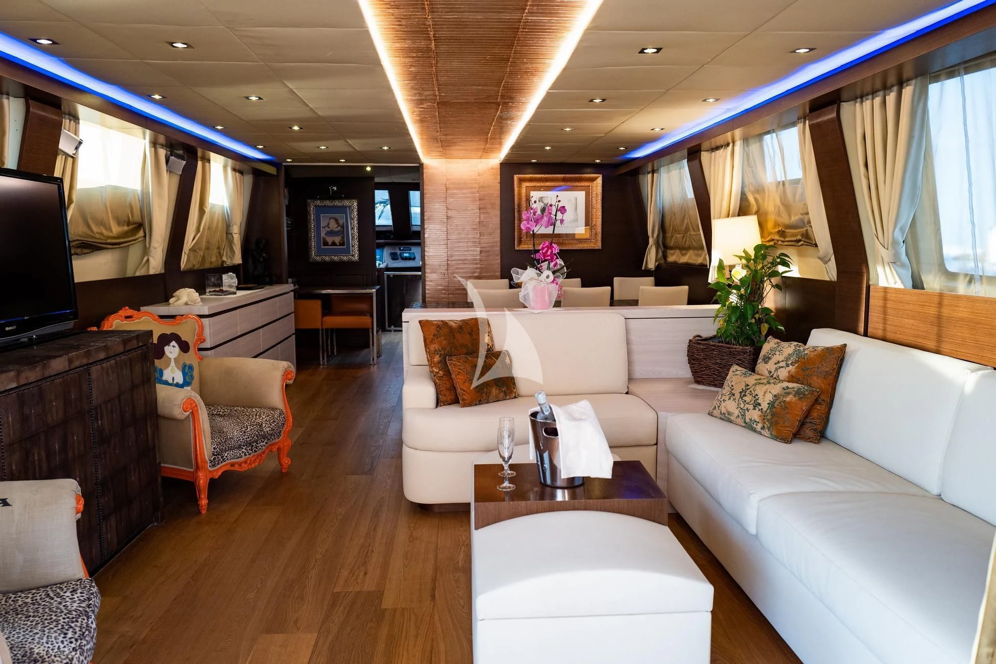 a living room with a large window aboard ANDEA Yacht for Sale