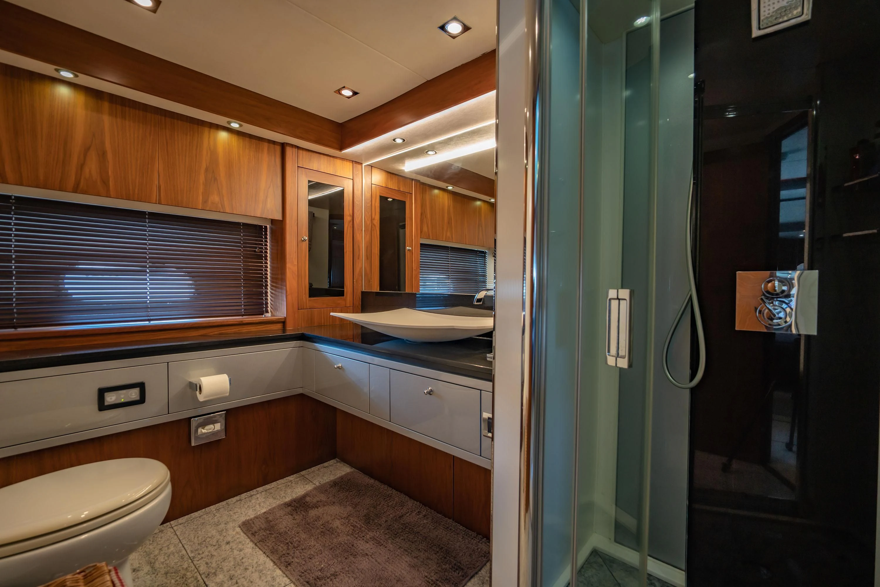 a bathroom with a large window aboard ANDEA Yacht for Sale