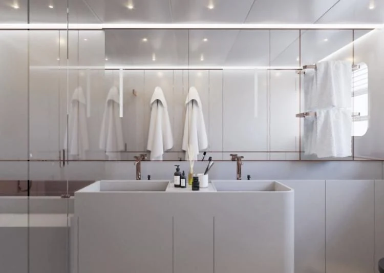 a bathroom with a sink and a mirror aboard 50 SHADES OF PLAY Yacht for Sale