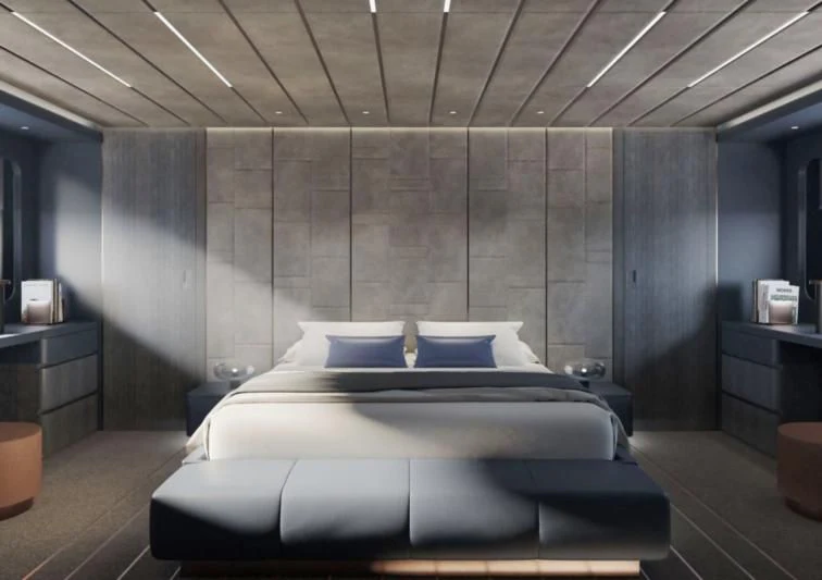 a bed in a room aboard 50 SHADES OF PLAY Yacht for Sale