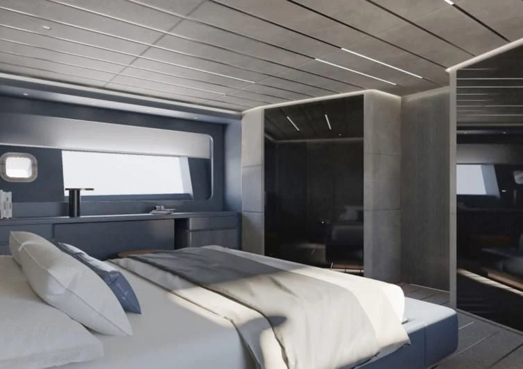 a room with a bed and a window aboard 50 SHADES OF PLAY Yacht for Sale