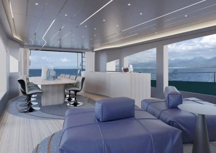 a room with a large window and a view of the ocean aboard 50 SHADES OF PLAY Yacht for Sale