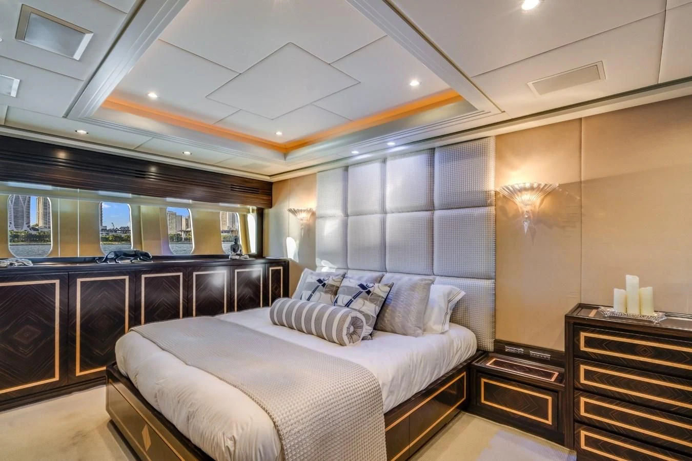 a large bedroom with a large bed aboard ENCORE Yacht for Sale