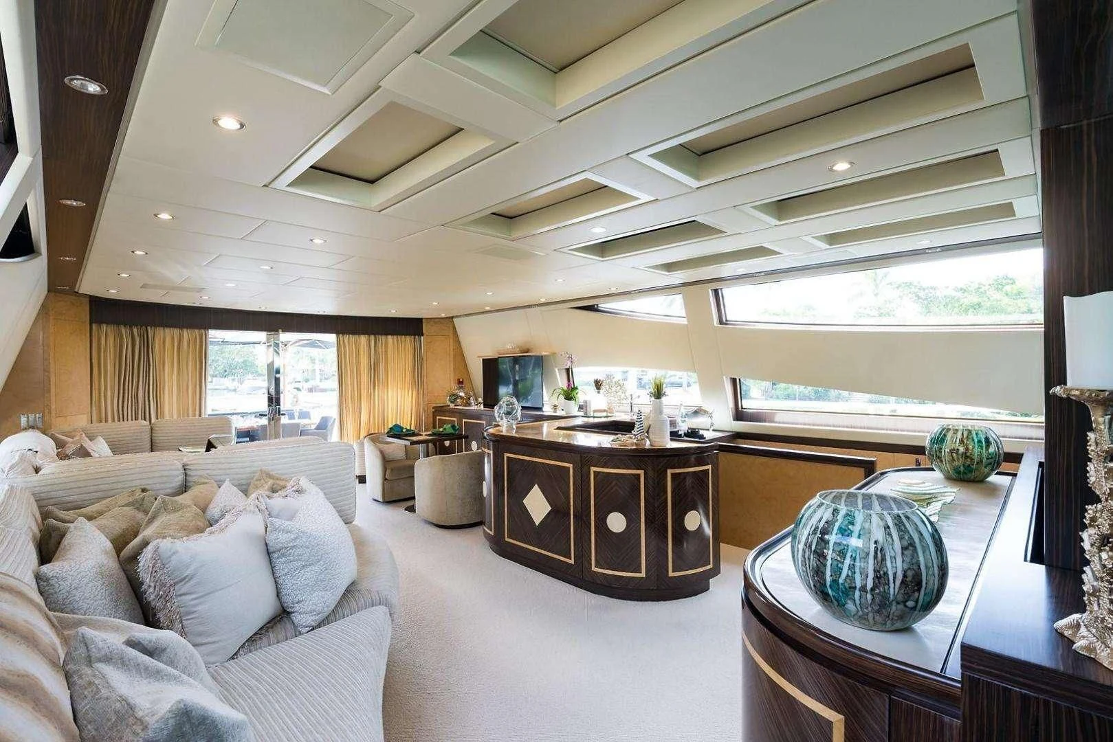a living room with a large window aboard ENCORE Yacht for Sale