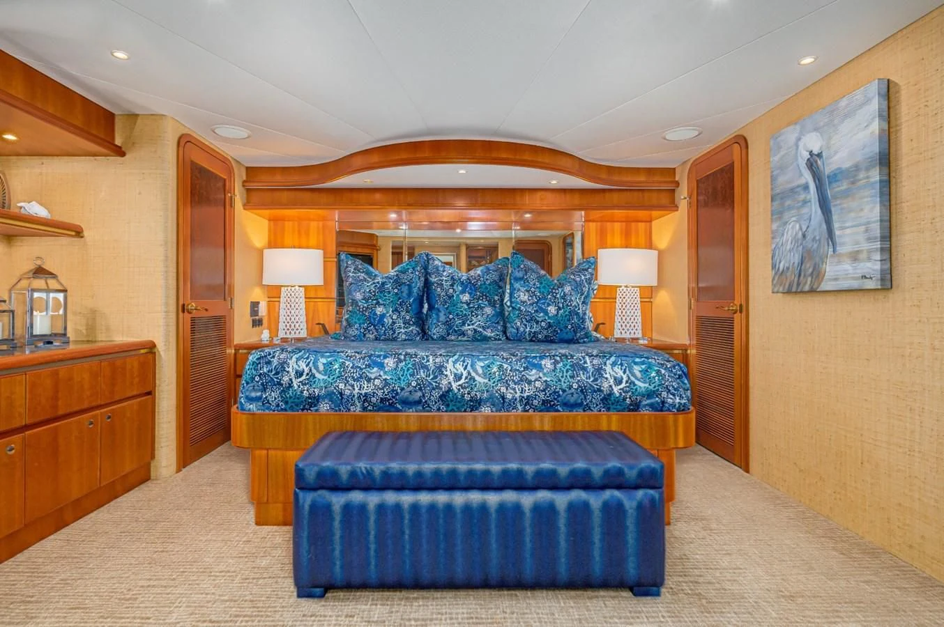 a large bedroom with a large bed aboard MAHANA Yacht for Sale