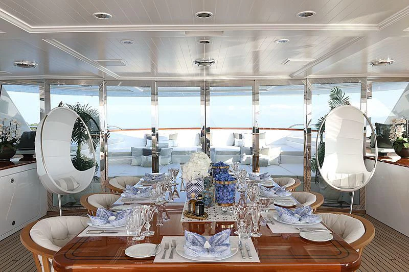 a large room with many objects on the table aboard PREDICTION Yacht for Sale