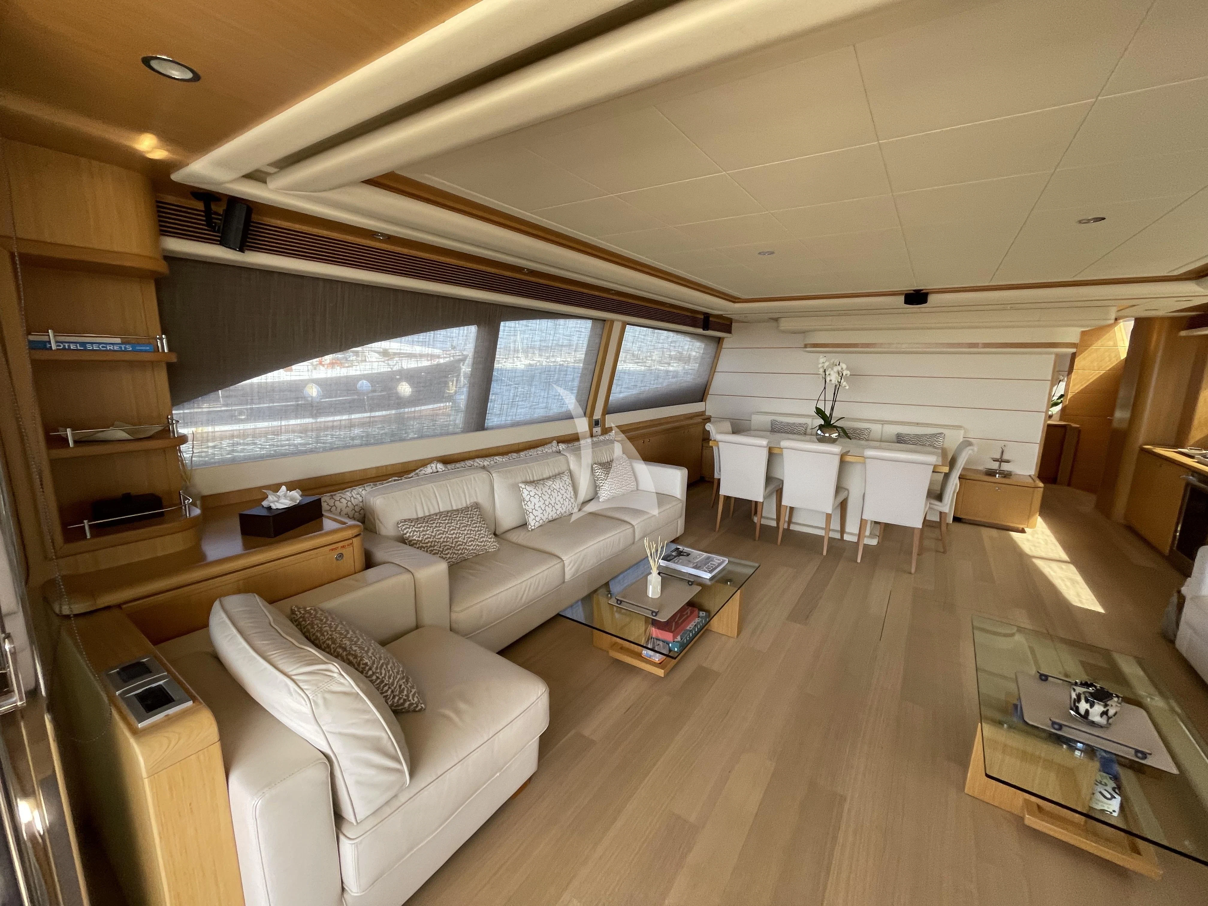 a living room with a large window aboard MELI Yacht for Charter