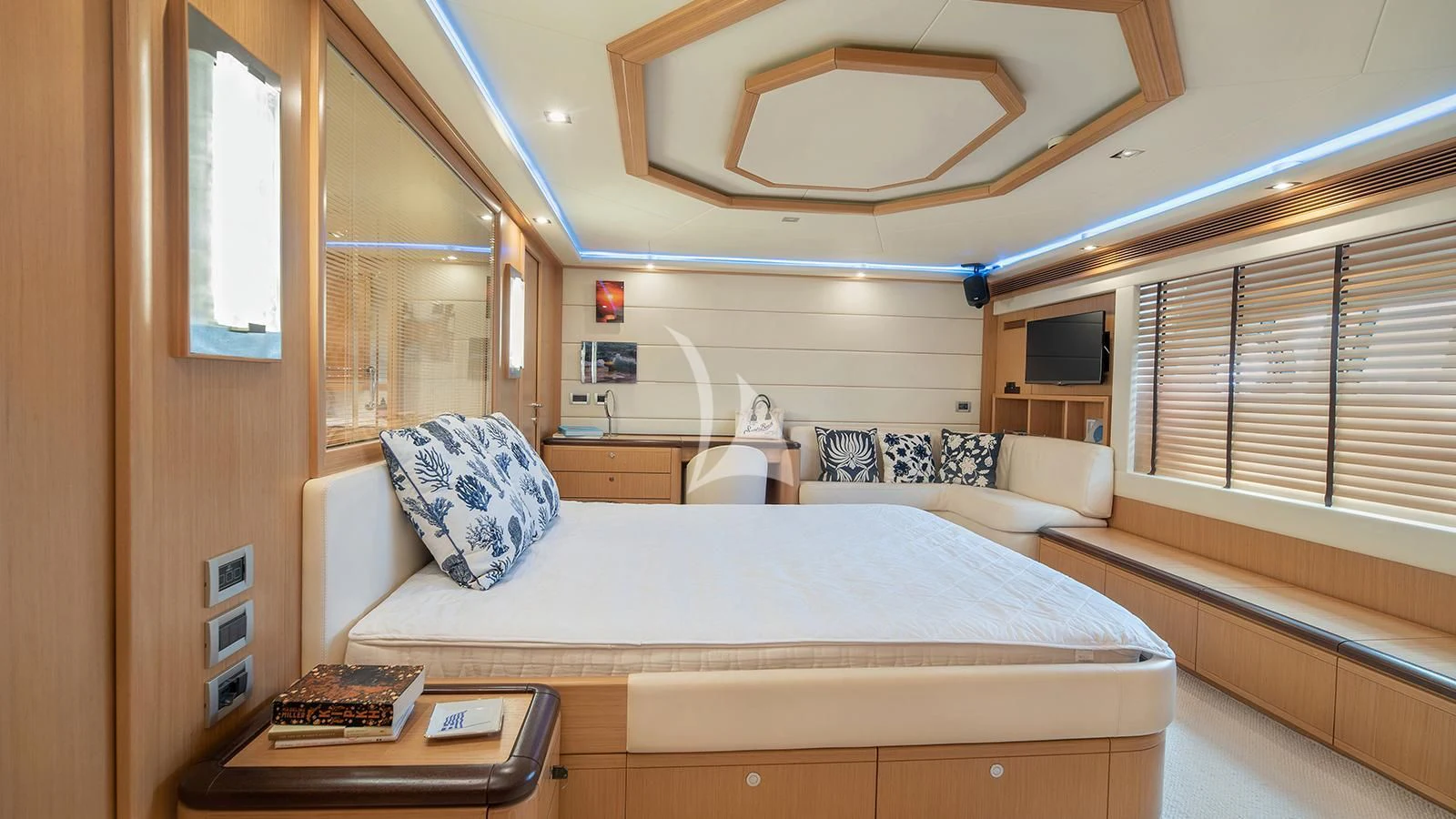a room with two beds aboard MELI Yacht for Charter