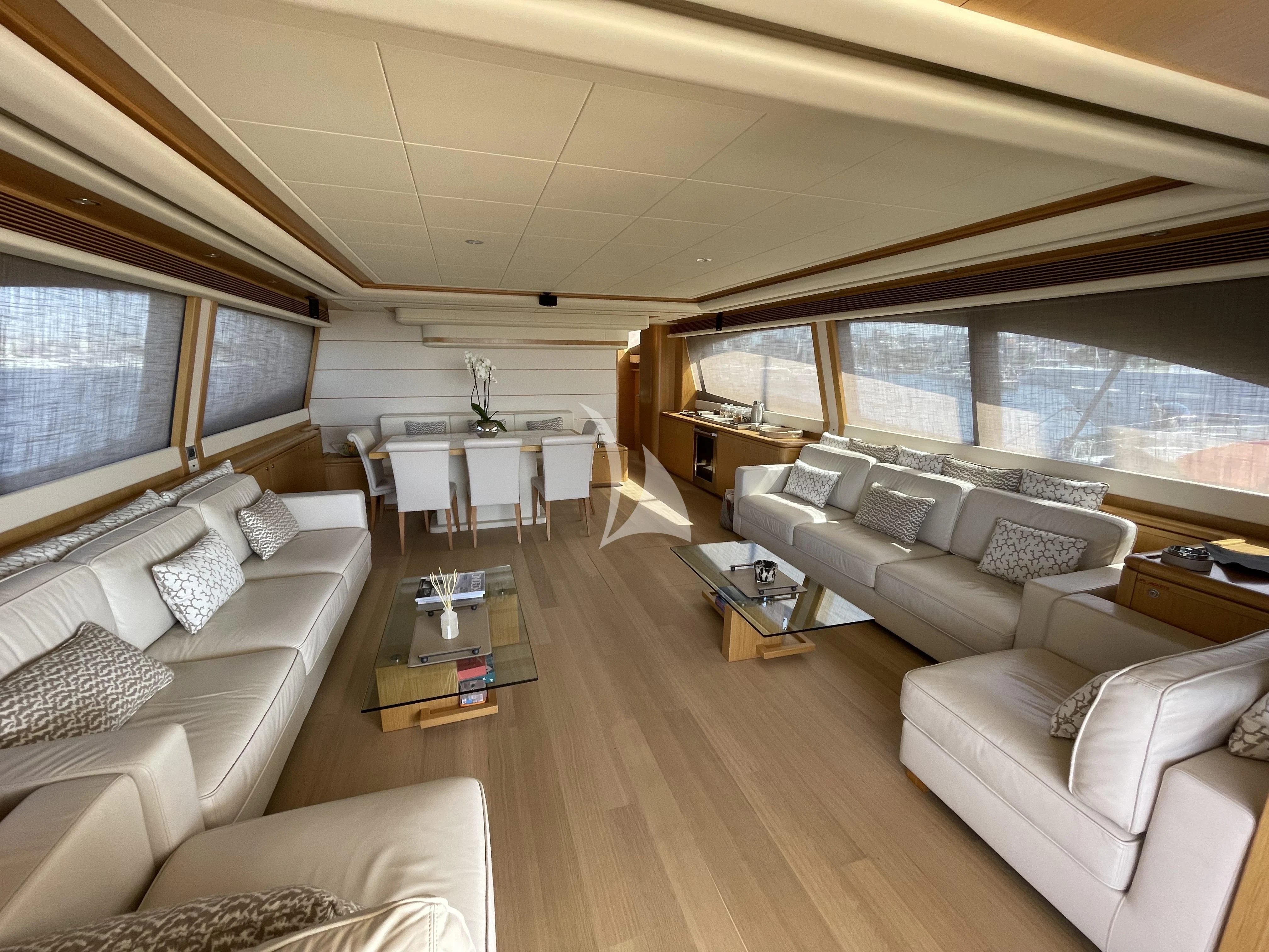 a living room with a large window aboard MELI Yacht for Charter