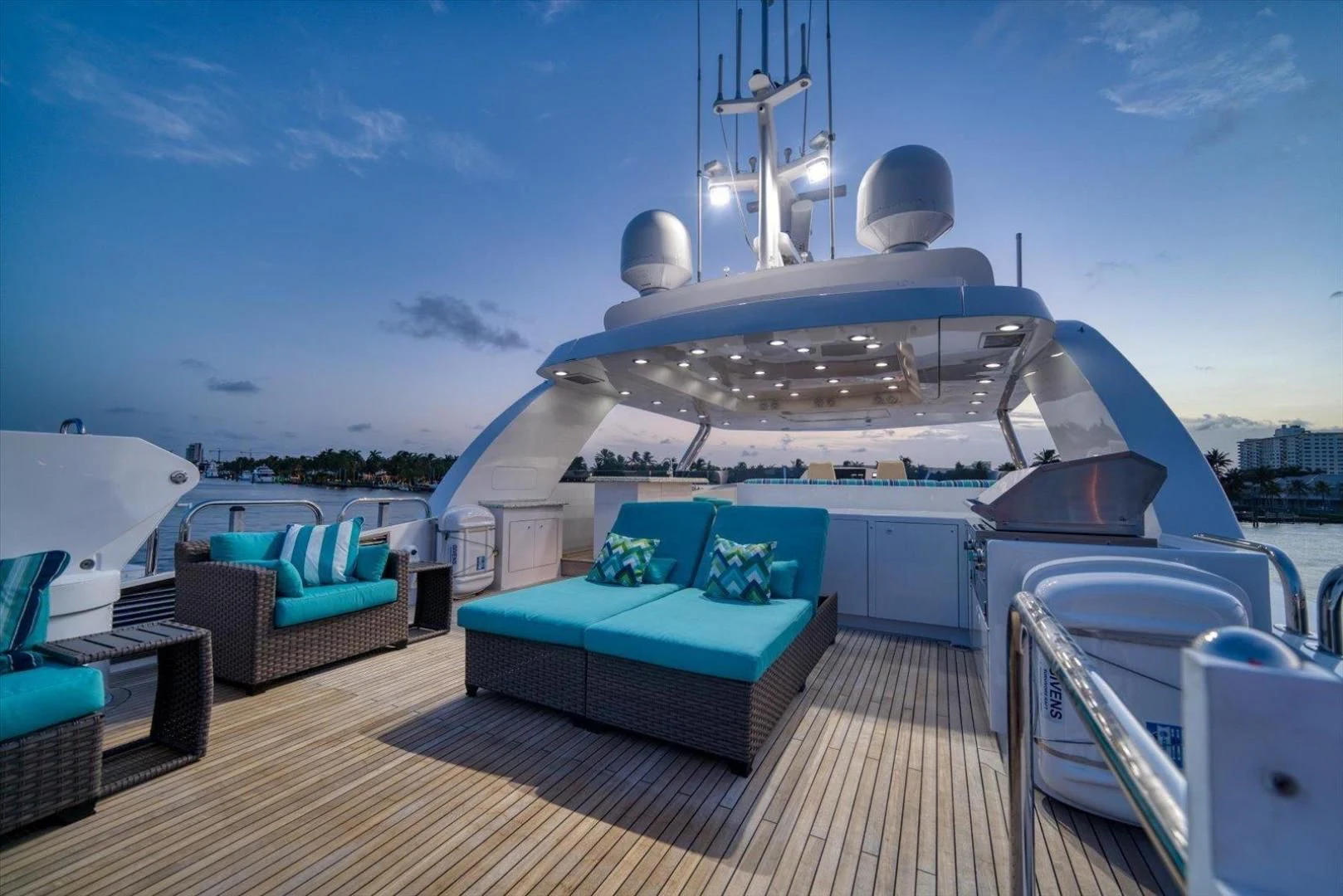 a large white boat on a deck aboard NORTH COAST 120 Yacht for Sale