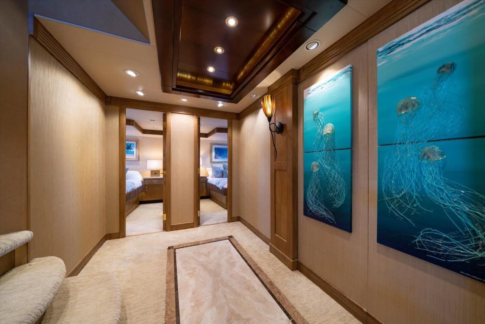 a room with a large blue door aboard NORTH COAST 120 Yacht for Sale