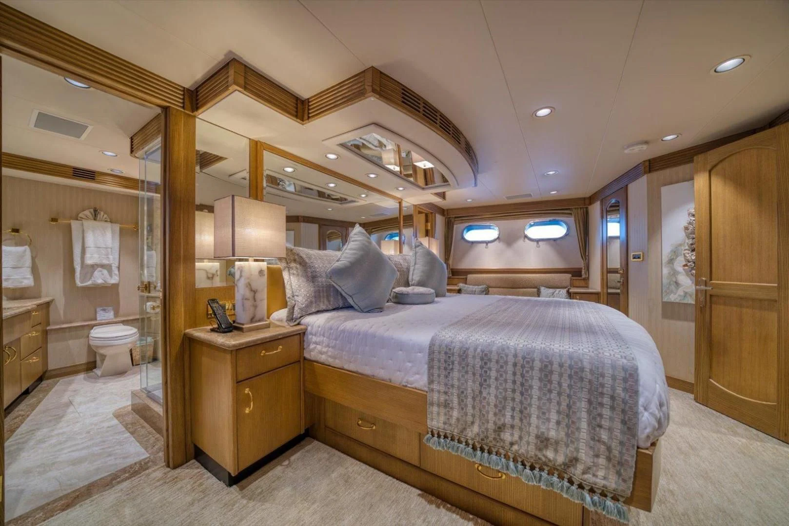 a bed in a room aboard NORTH COAST 120 Yacht for Sale