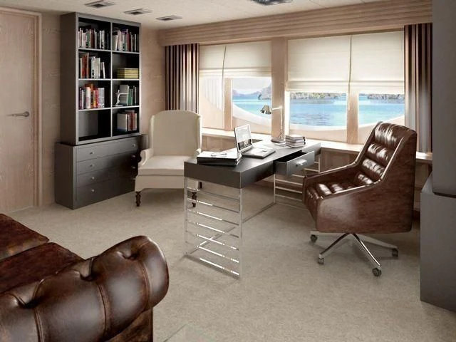 a room with a desk and a chair and a window aboard CROCUS Yacht for Sale
