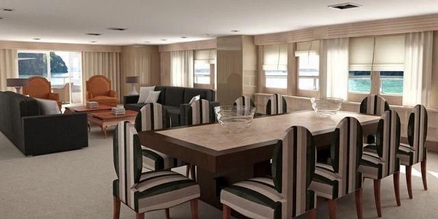 a large dining room with a large table and chairs aboard CROCUS Yacht for Sale