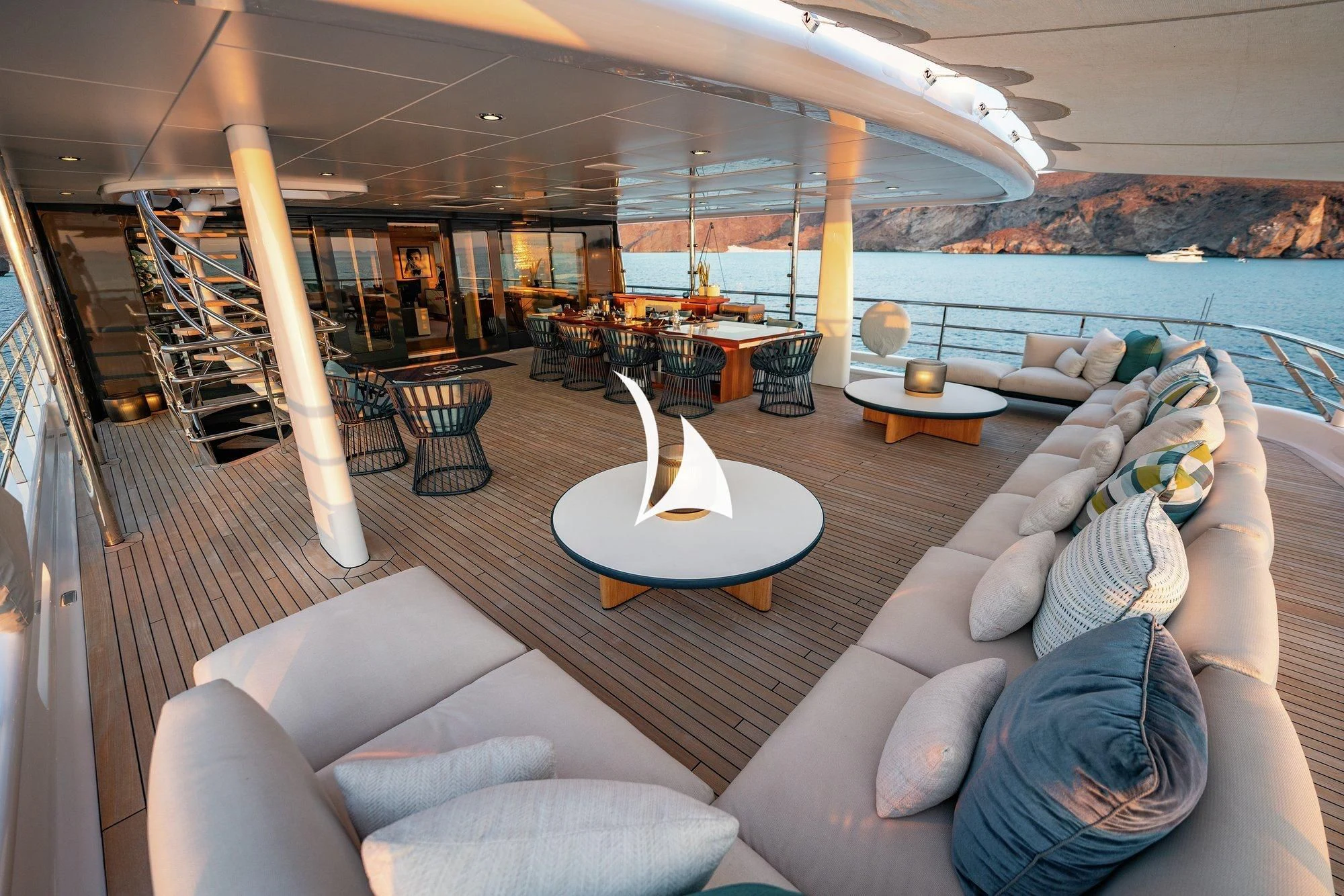 a living room with a large window aboard NOMAD Yacht for Sale