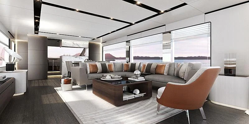 a living room with a large window aboard LILY Yacht for Sale